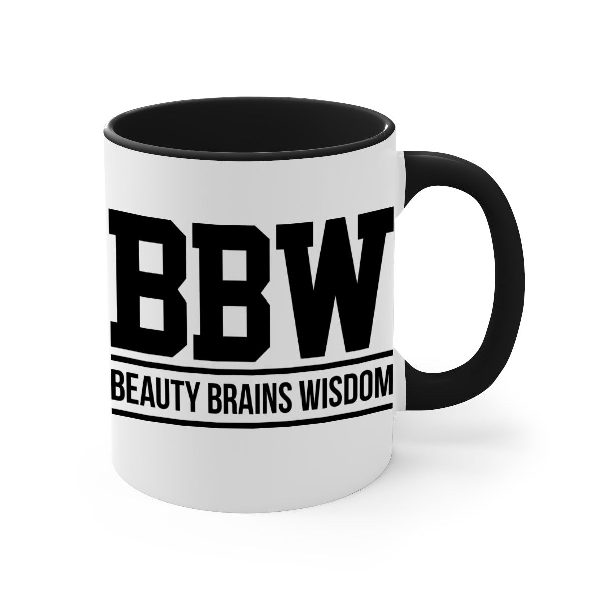 BBW Beauty Brains Wisdom Mug with black words and phrases, featuring a glossy finish and colorful handle options.