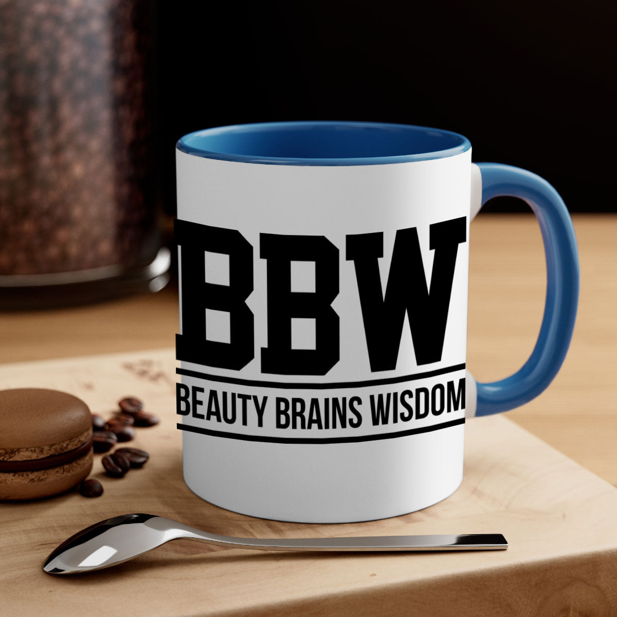 BBW Beauty Brains Wisdom Mug with black words and phrases, featuring a glossy finish and colorful handle options.