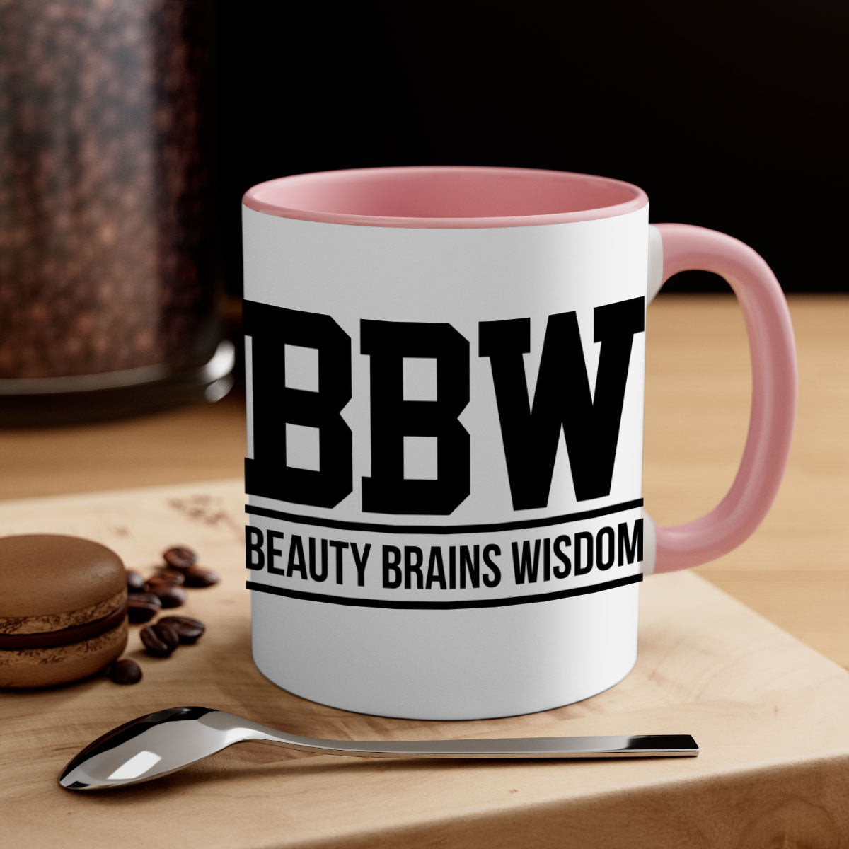 BBW Beauty Brains Wisdom Mug with black words and phrases, featuring a glossy finish and colorful handle options.