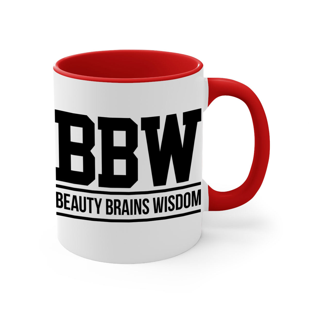 BBW Beauty Brains Wisdom Mug with black words and phrases, featuring a glossy finish and colorful handle options.