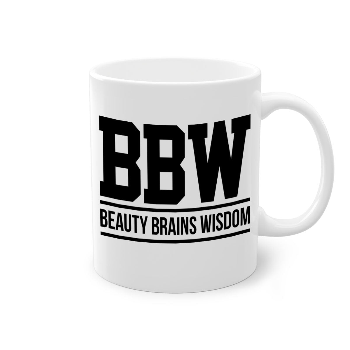 BBW Beauty Brains Wisdom Mug with black words and phrases, featuring a glossy finish and colorful handle options.