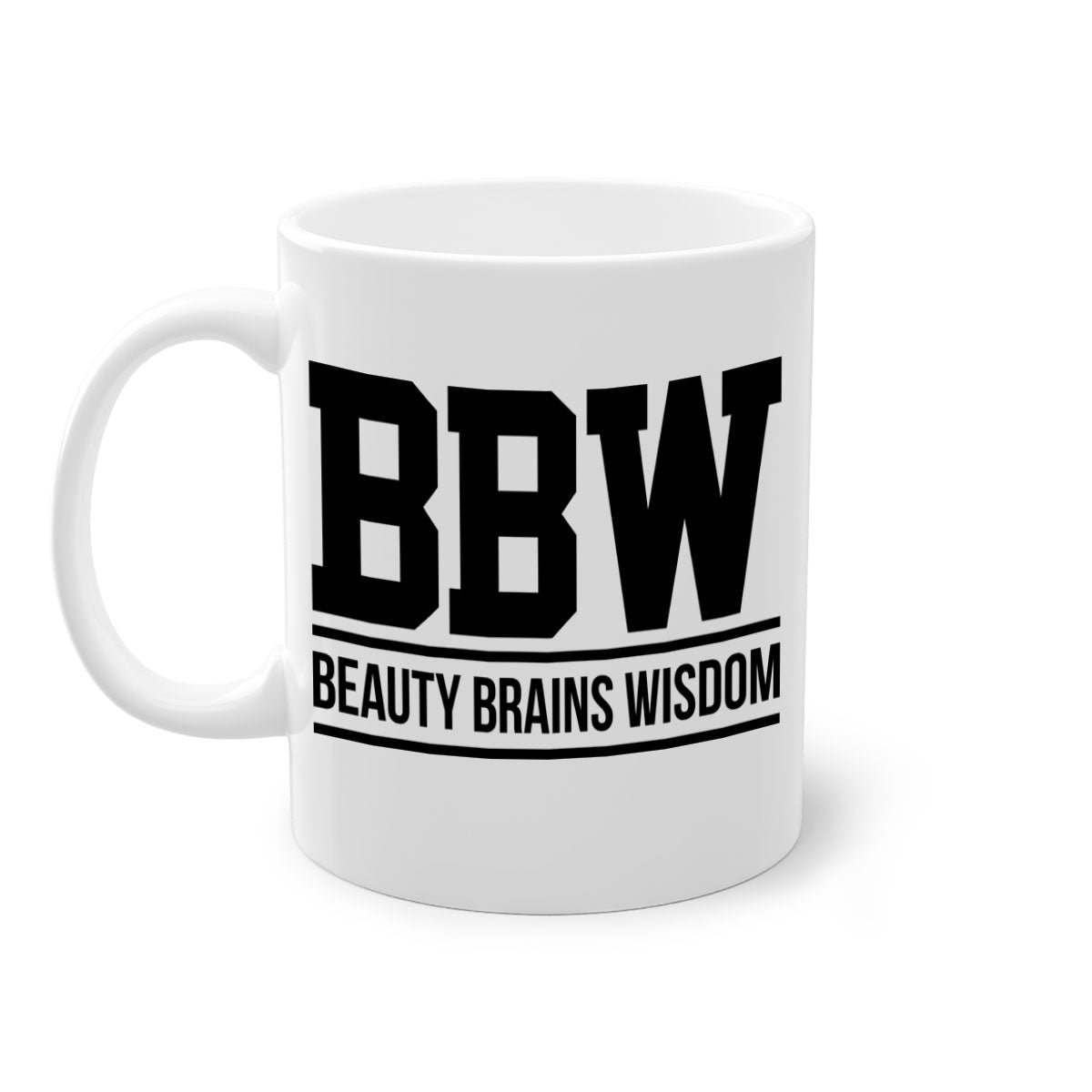 BBW Beauty Brains Wisdom Mug with black words and phrases, featuring a glossy finish and colorful handle options.