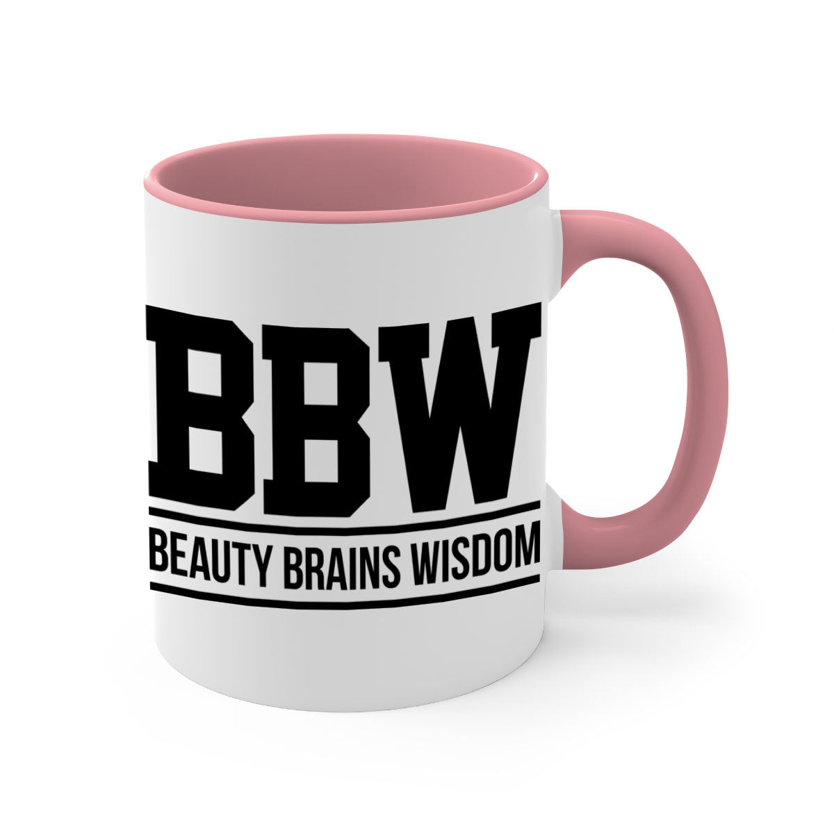 BBW Beauty Brains Wisdom Mug with black words and phrases, featuring a glossy finish and colorful handle options.