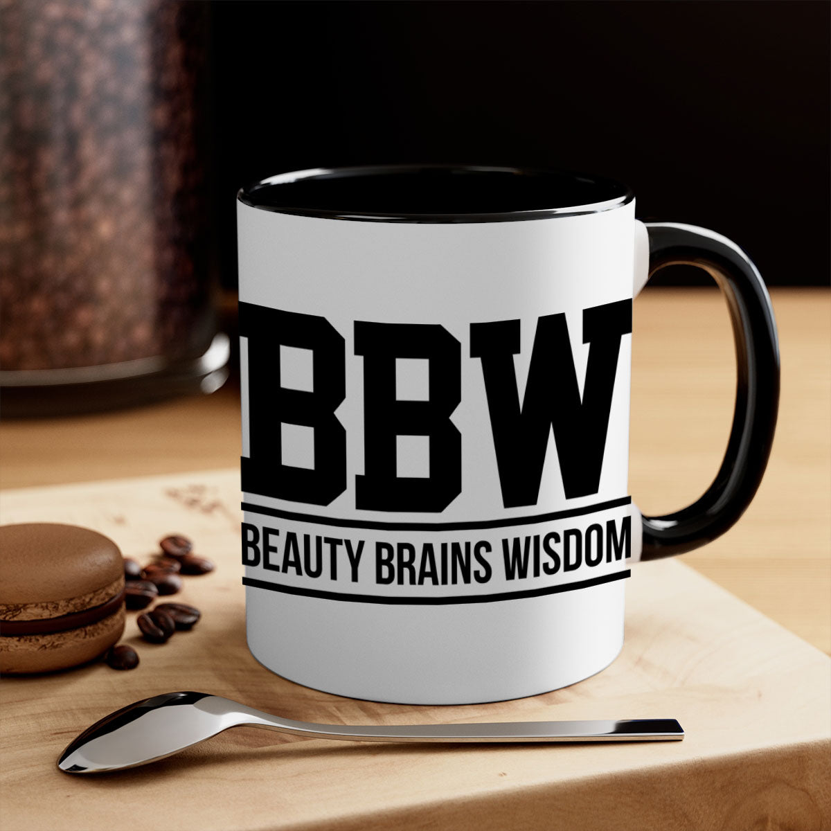 BBW Beauty Brains Wisdom Mug with black words and phrases, featuring a glossy finish and colorful handle options.