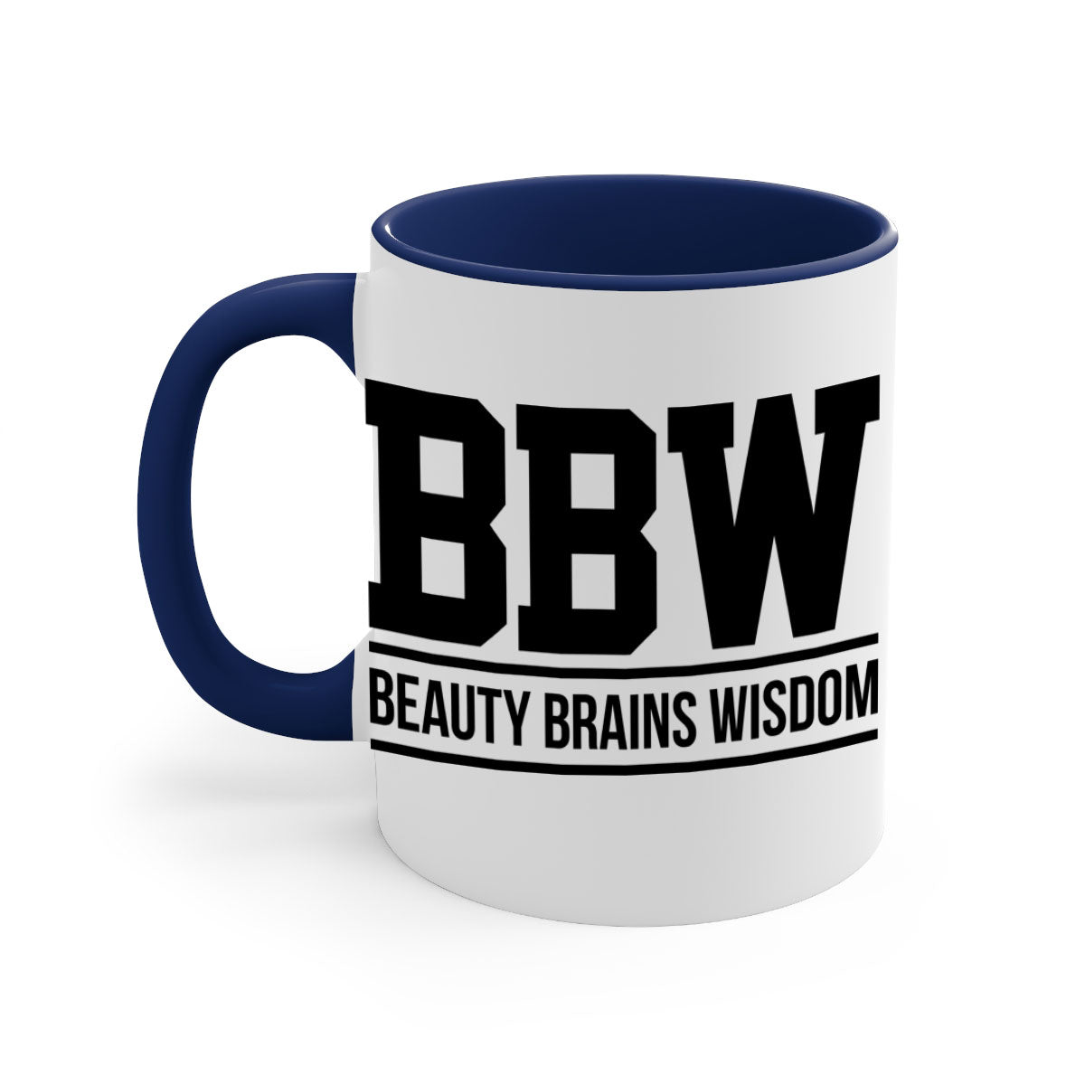 BBW Beauty Brains Wisdom Mug with black words and phrases, featuring a glossy finish and colorful handle options.