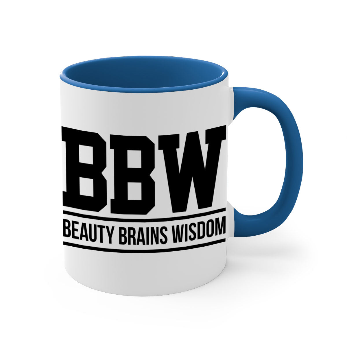 BBW Beauty Brains Wisdom Mug with black words and phrases, featuring a glossy finish and colorful handle options.