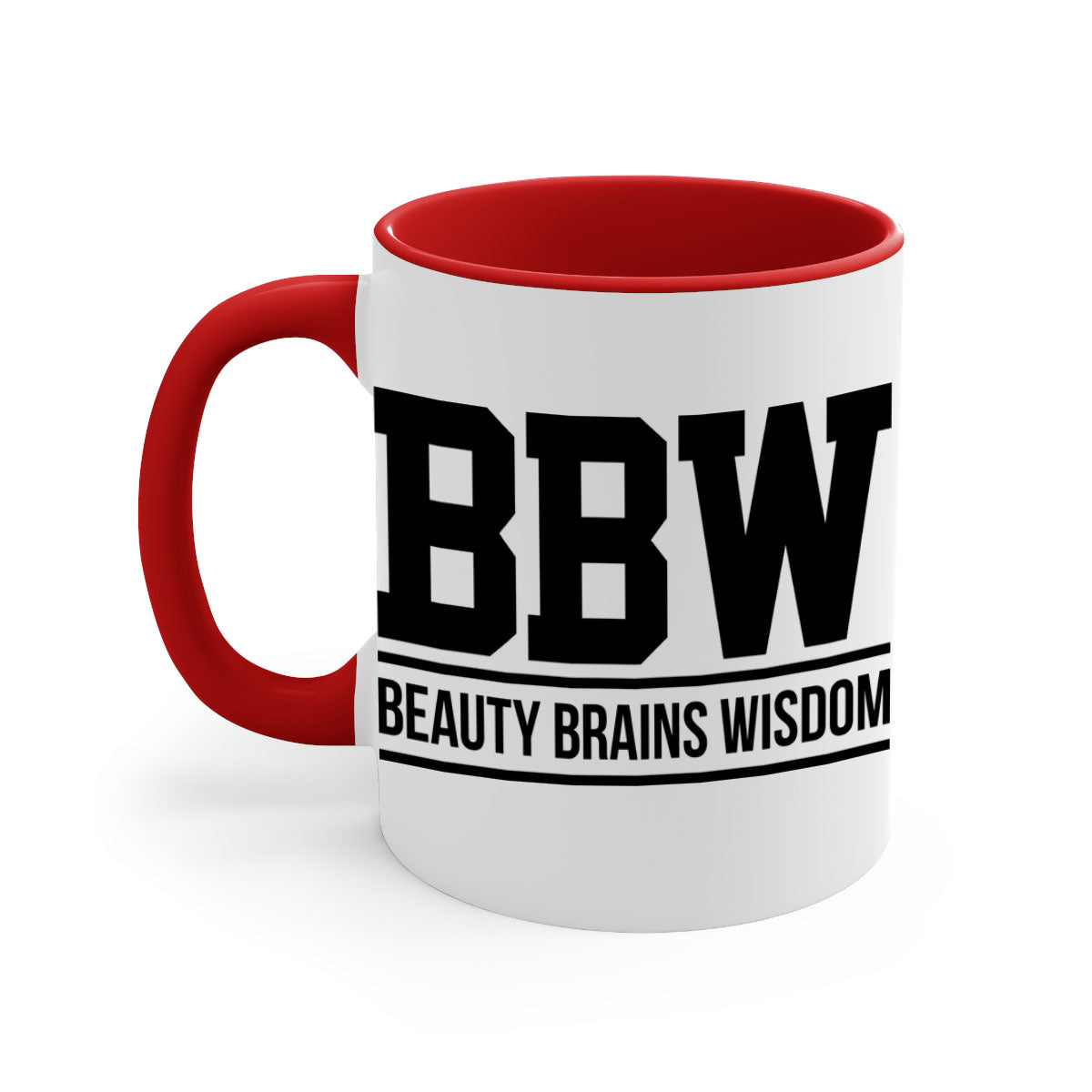 BBW Beauty Brains Wisdom Mug with black words and phrases, featuring a glossy finish and colorful handle options.