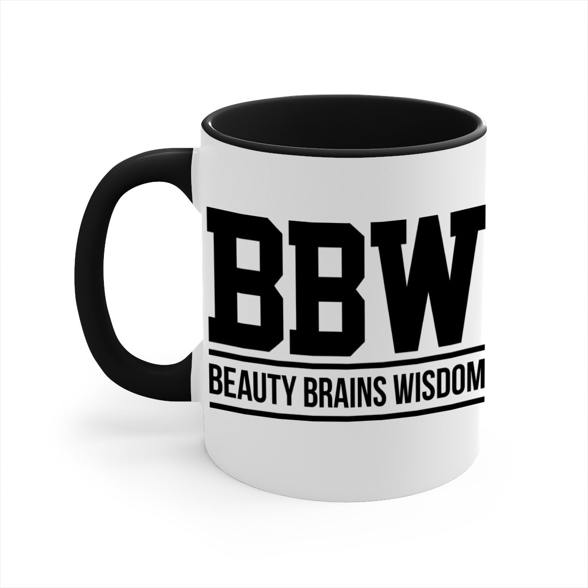 BBW Beauty Brains Wisdom Mug with black words and phrases, featuring a glossy finish and colorful handle options.