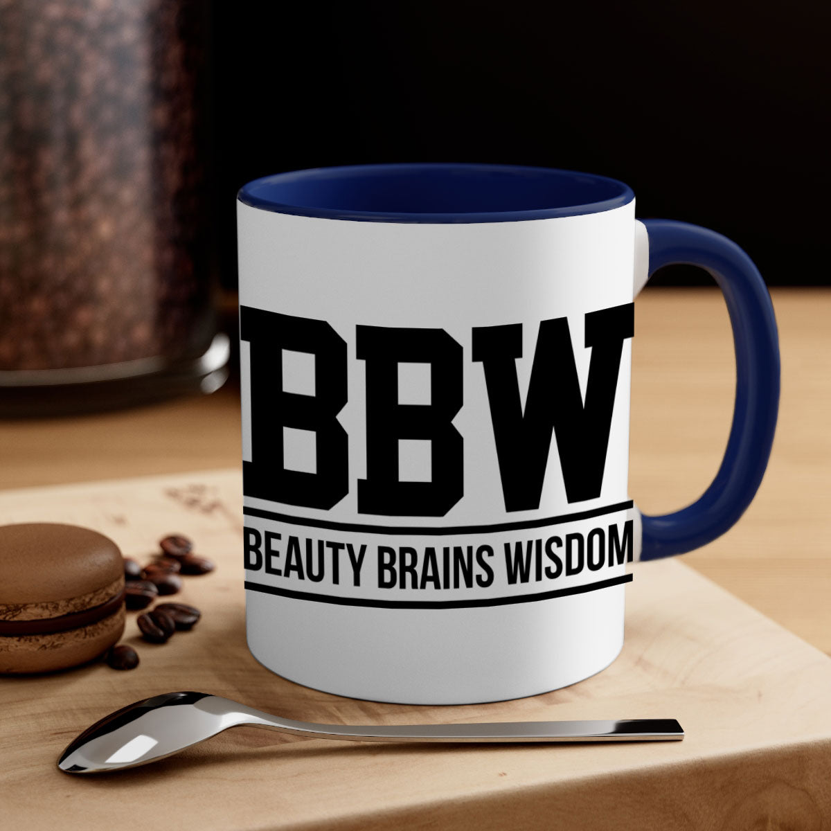 BBW Beauty Brains Wisdom Mug with black words and phrases, featuring a glossy finish and colorful handle options.