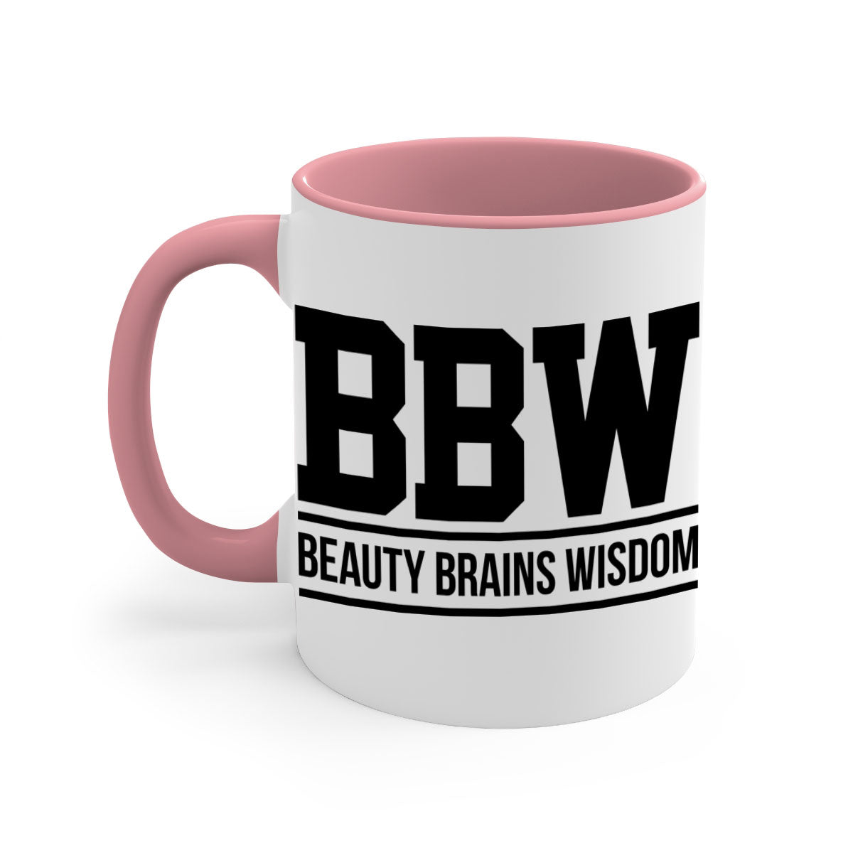 BBW Beauty Brains Wisdom Mug with black words and phrases, featuring a glossy finish and colorful handle options.