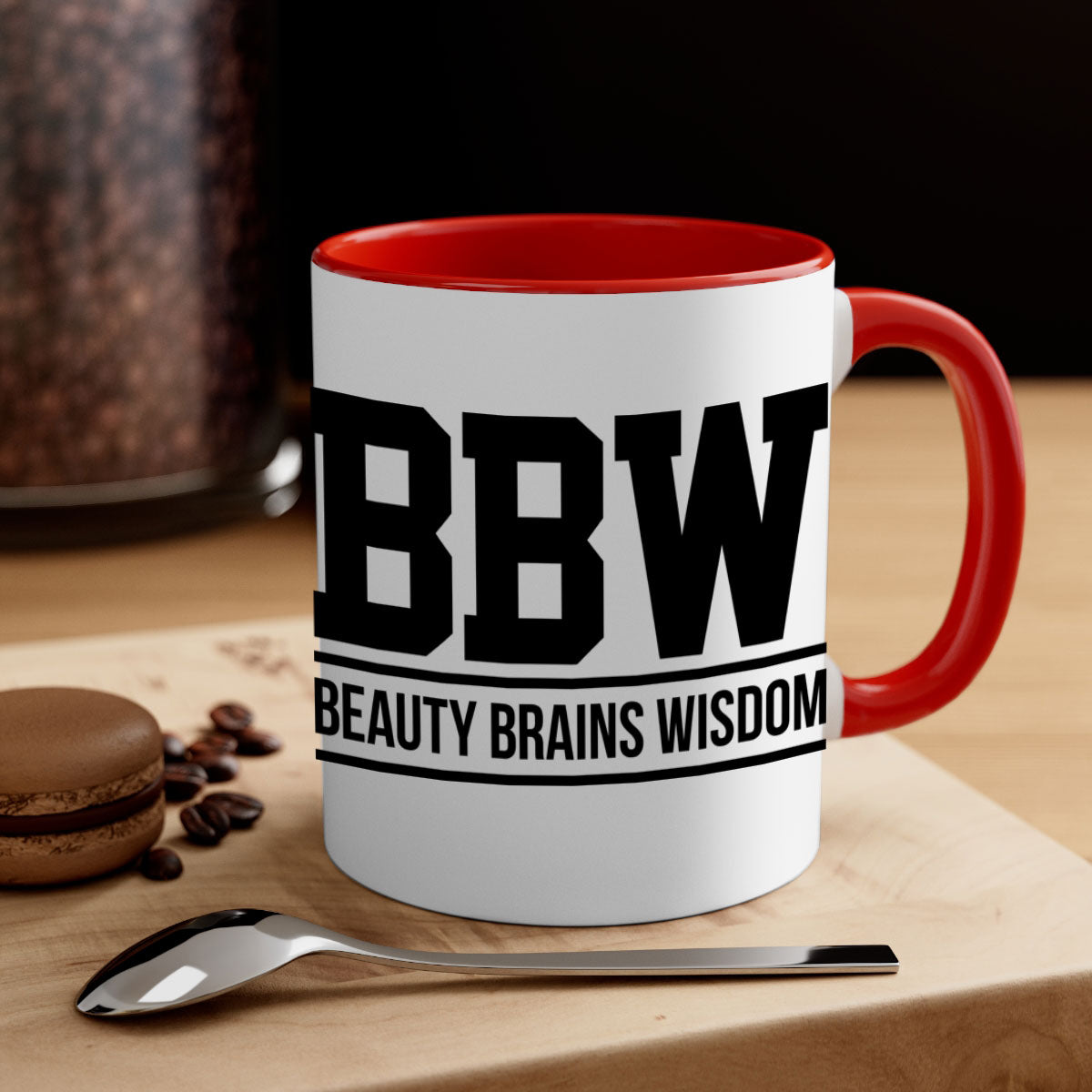 BBW Beauty Brains Wisdom Mug with black words and phrases, featuring a glossy finish and colorful handle options.