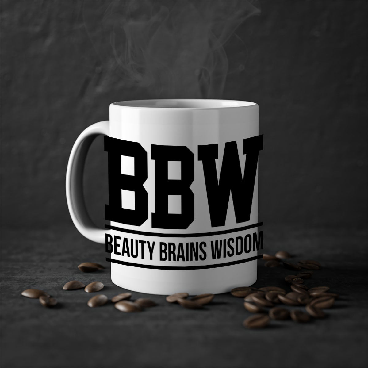 BBW Beauty Brains Wisdom Mug with black words and phrases, featuring a glossy finish and colorful handle options.