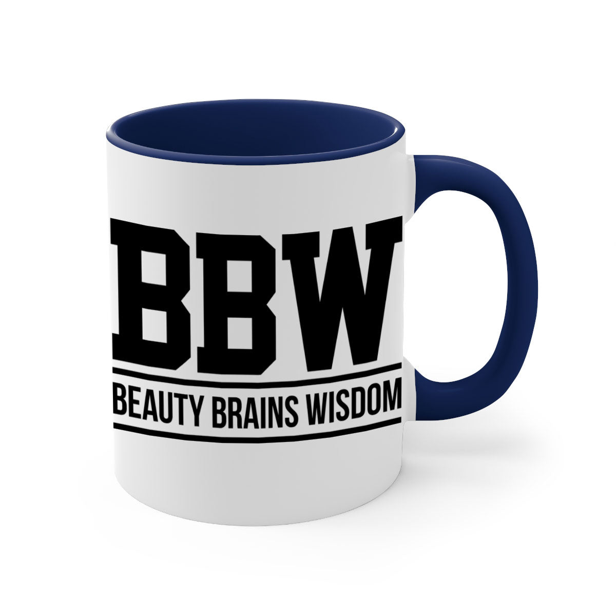 BBW Beauty Brains Wisdom Mug with black words and phrases, featuring a glossy finish and colorful handle options.