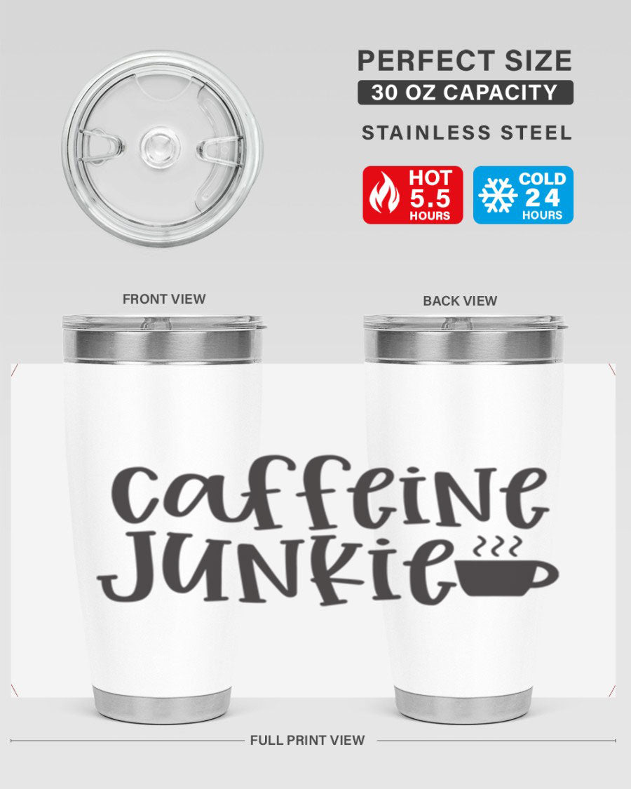 Caffeine Junkie 412# 20oz Tumbler in stainless steel with a drink-thru lid, showcasing its sleek design and vibrant print.
