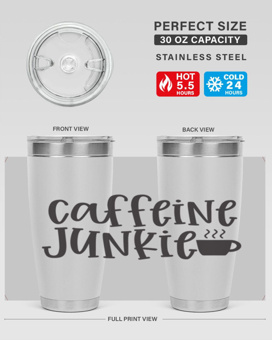 Caffeine Junkie 412# 20oz Tumbler in stainless steel with a drink-thru lid, showcasing its sleek design and vibrant print.