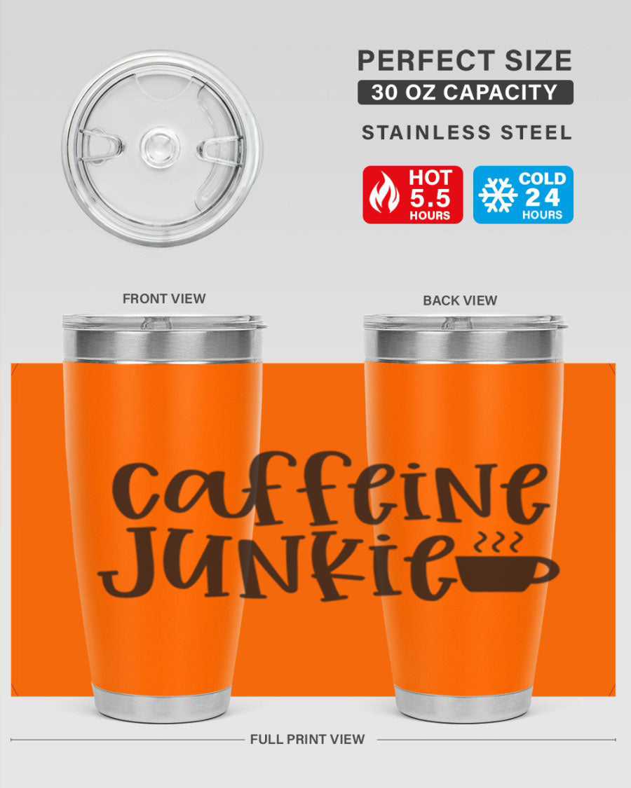 Caffeine Junkie 412# 20oz Tumbler in stainless steel with a drink-thru lid, showcasing its sleek design and vibrant print.