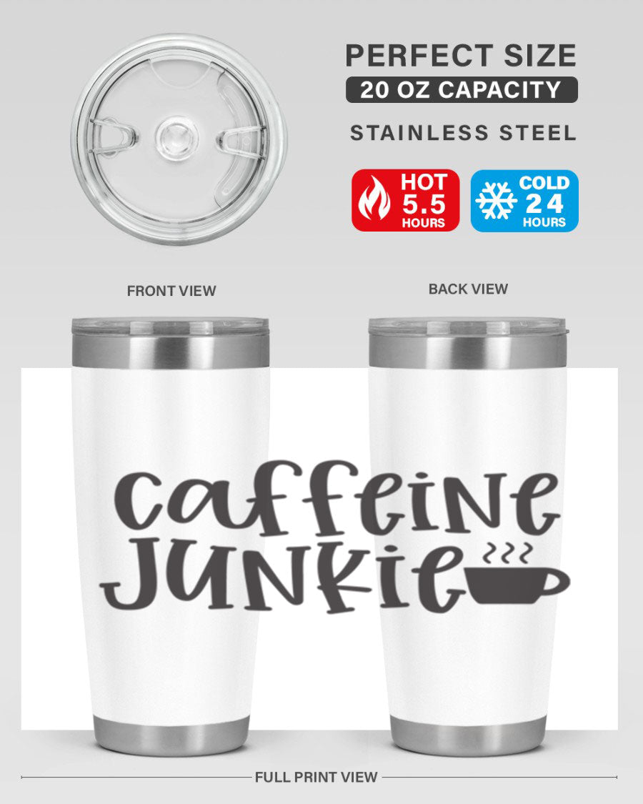 Caffeine Junkie 412# 20oz Tumbler in stainless steel with a drink-thru lid, showcasing its sleek design and vibrant print.