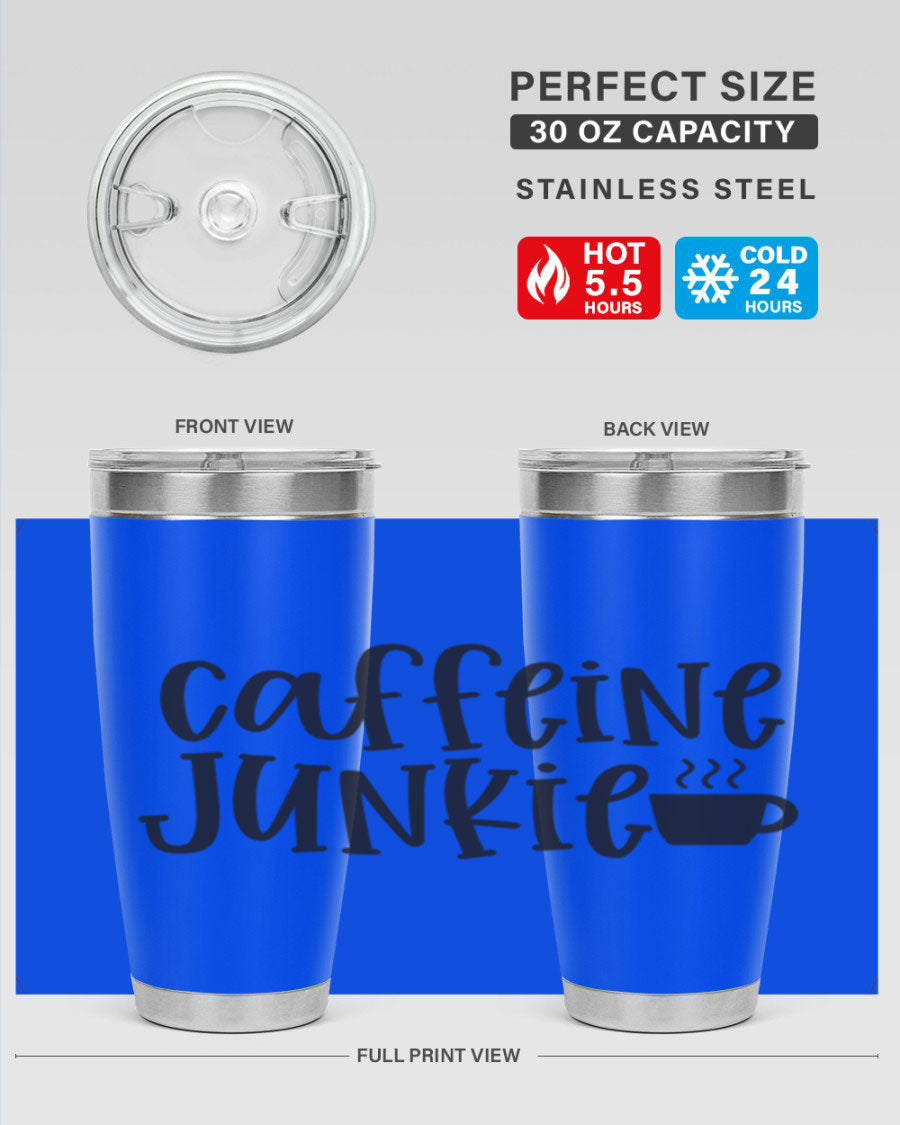 Caffeine Junkie 412# 20oz Tumbler in stainless steel with a drink-thru lid, showcasing its sleek design and vibrant print.