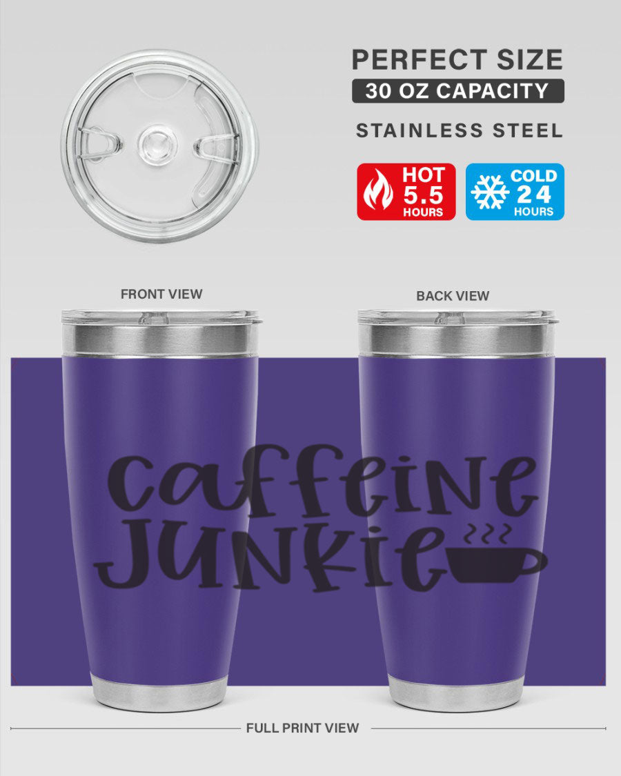 Caffeine Junkie 412# 20oz Tumbler in stainless steel with a drink-thru lid, showcasing its sleek design and vibrant print.