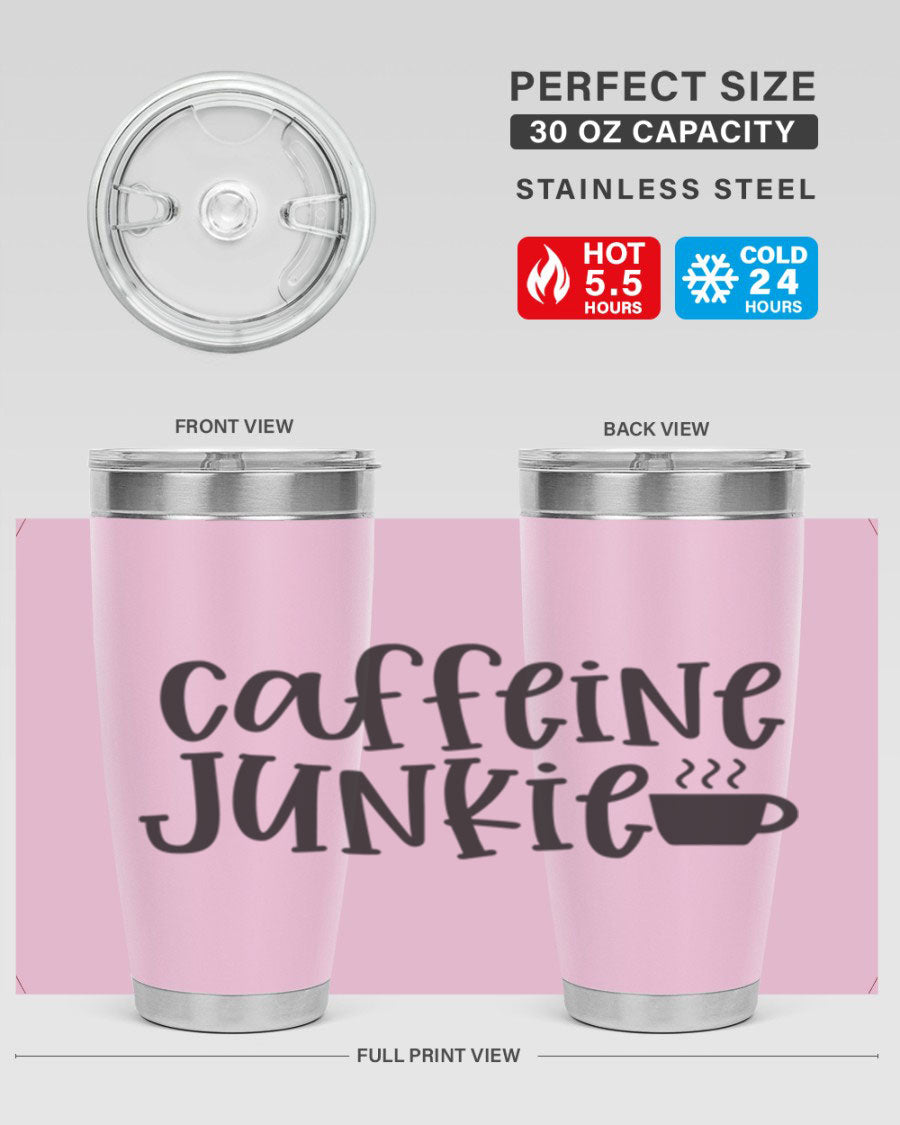 Caffeine Junkie 412# 20oz Tumbler in stainless steel with a drink-thru lid, showcasing its sleek design and vibrant print.