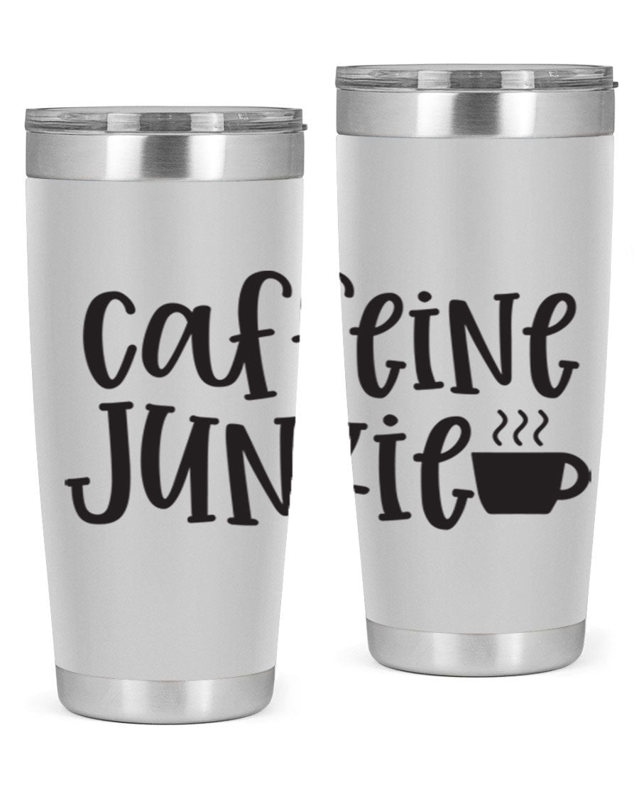 Caffeine Junkie 412# 20oz Tumbler in stainless steel with a drink-thru lid, showcasing its sleek design and vibrant print.
