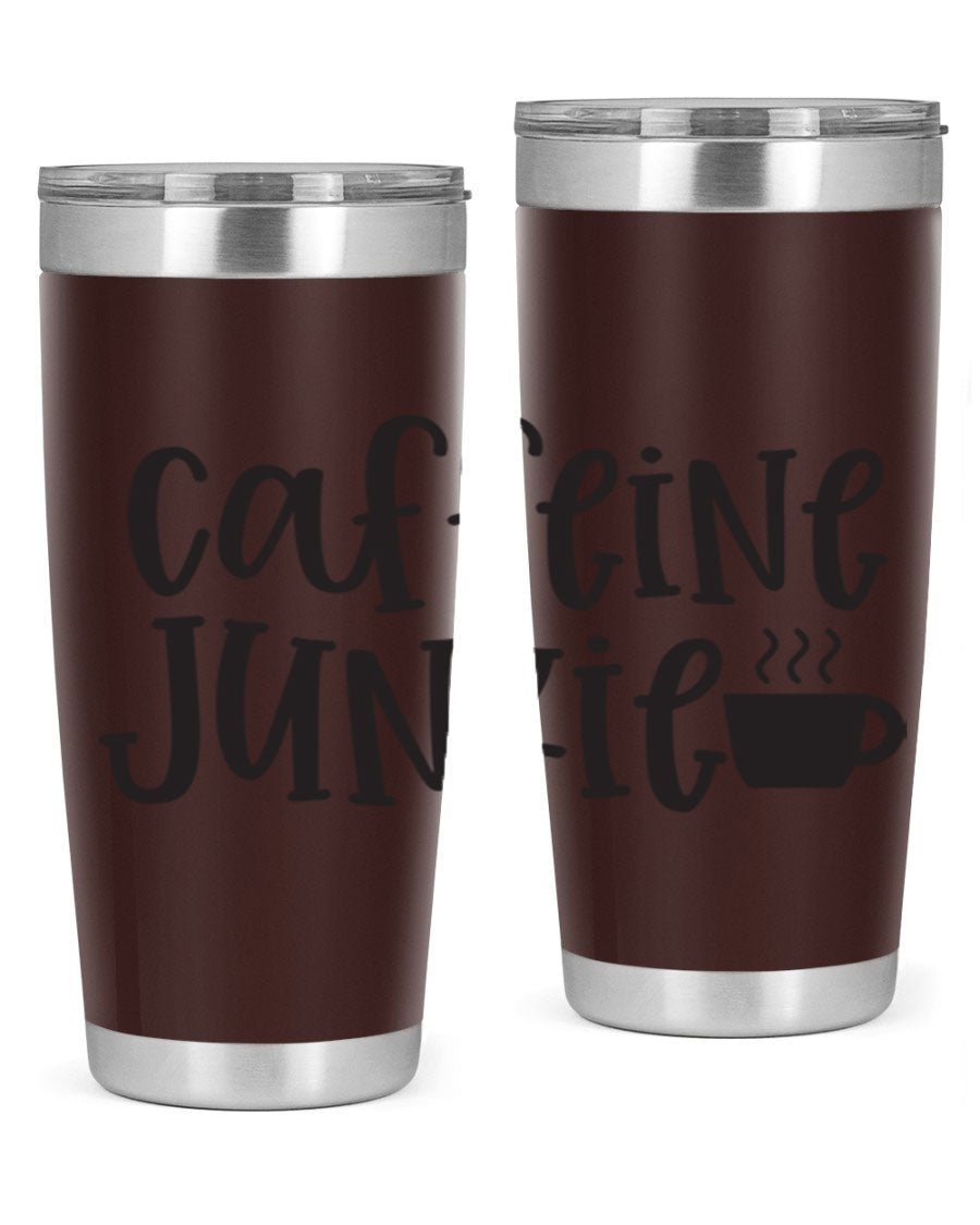 Caffeine Junkie 412# 20oz Tumbler in stainless steel with a drink-thru lid, showcasing its sleek design and vibrant print.