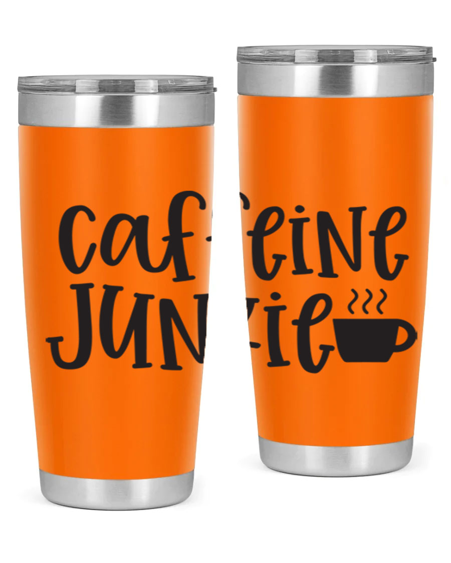Caffeine Junkie 412# 20oz Tumbler in stainless steel with a drink-thru lid, showcasing its sleek design and vibrant print.