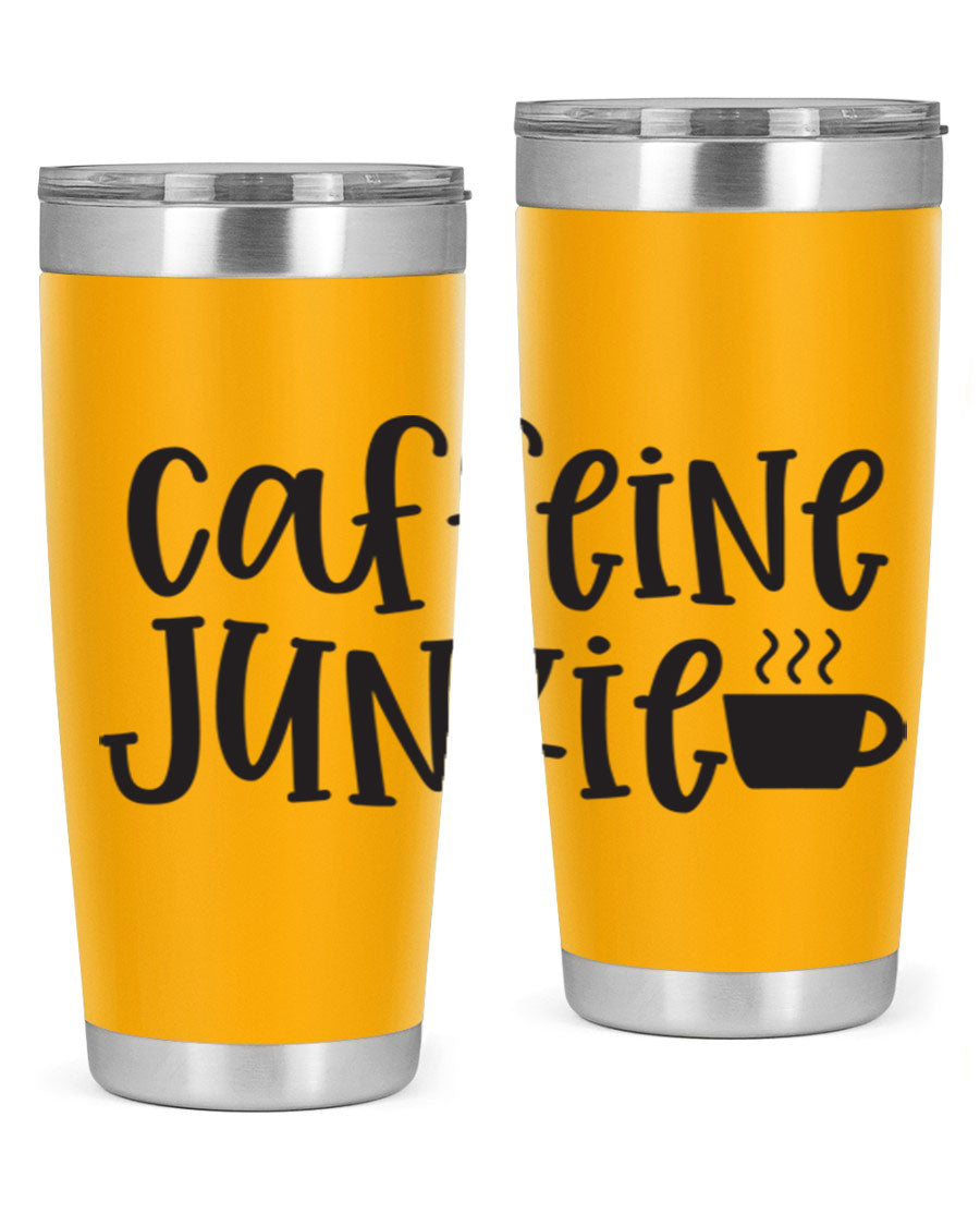 Caffeine Junkie 412# 20oz Tumbler in stainless steel with a drink-thru lid, showcasing its sleek design and vibrant print.