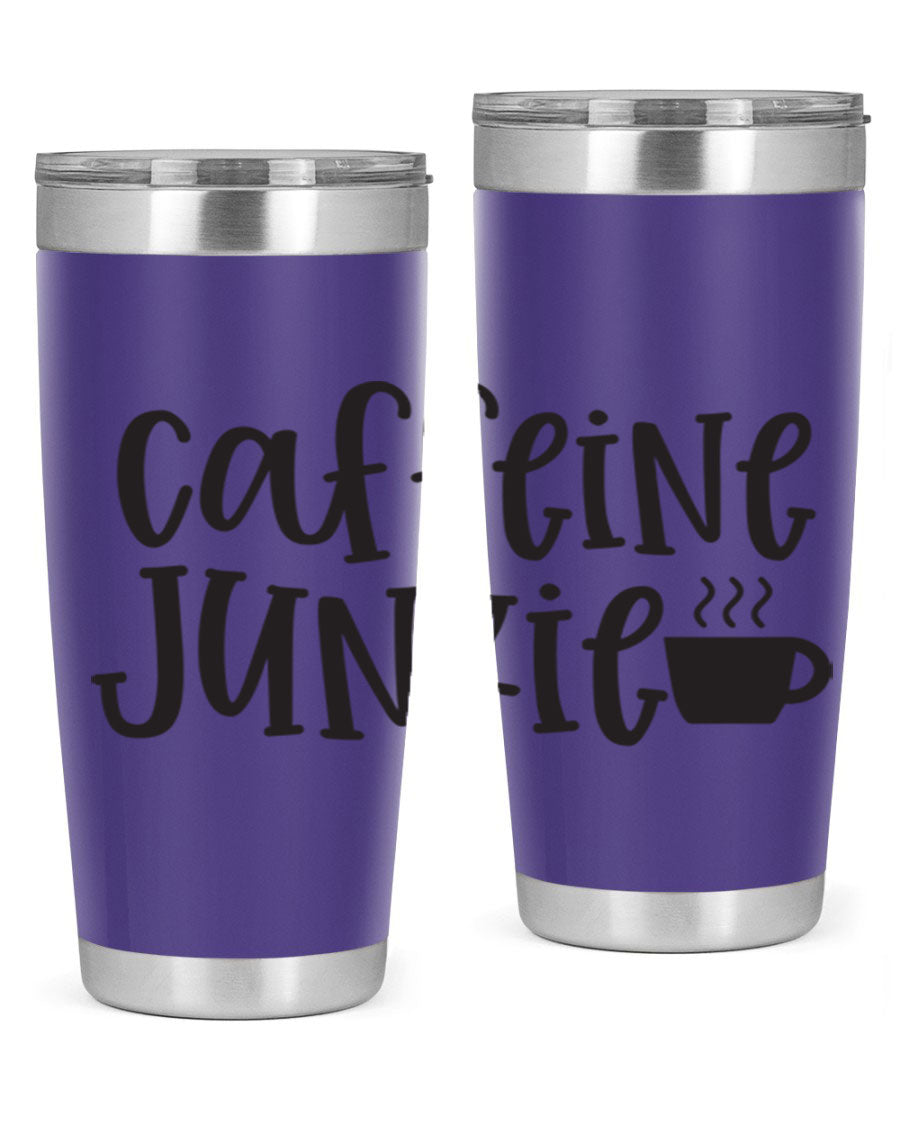Caffeine Junkie 412# 20oz Tumbler in stainless steel with a drink-thru lid, showcasing its sleek design and vibrant print.