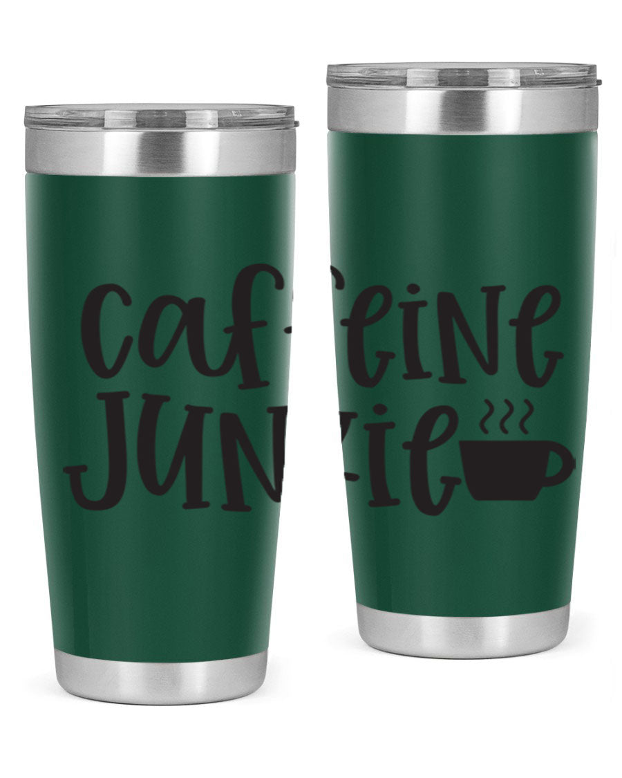 Caffeine Junkie 412# 20oz Tumbler in stainless steel with a drink-thru lid, showcasing its sleek design and vibrant print.