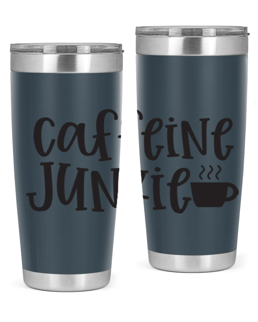 Caffeine Junkie 412# 20oz Tumbler in stainless steel with a drink-thru lid, showcasing its sleek design and vibrant print.