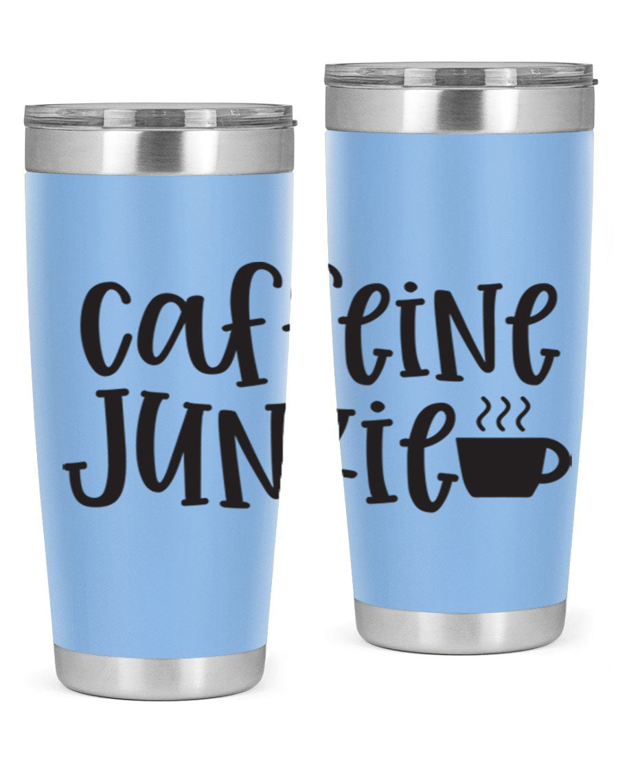 Caffeine Junkie 412# 20oz Tumbler in stainless steel with a drink-thru lid, showcasing its sleek design and vibrant print.
