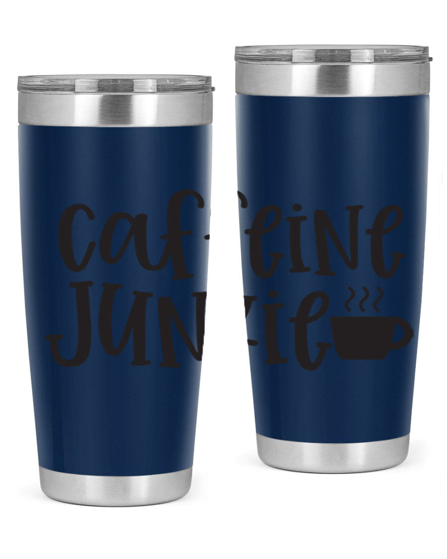 Caffeine Junkie 412# 20oz Tumbler in stainless steel with a drink-thru lid, showcasing its sleek design and vibrant print.