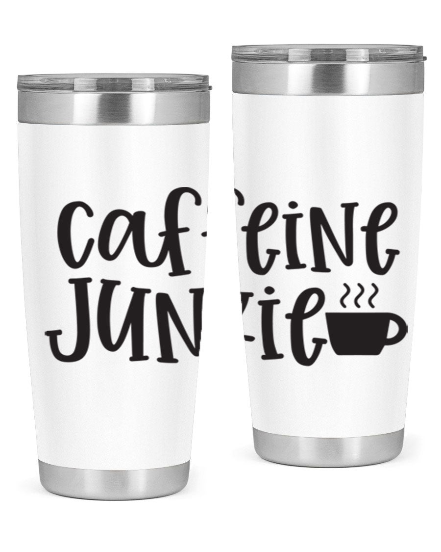 Caffeine Junkie 412# 20oz Tumbler in stainless steel with a drink-thru lid, showcasing its sleek design and vibrant print.