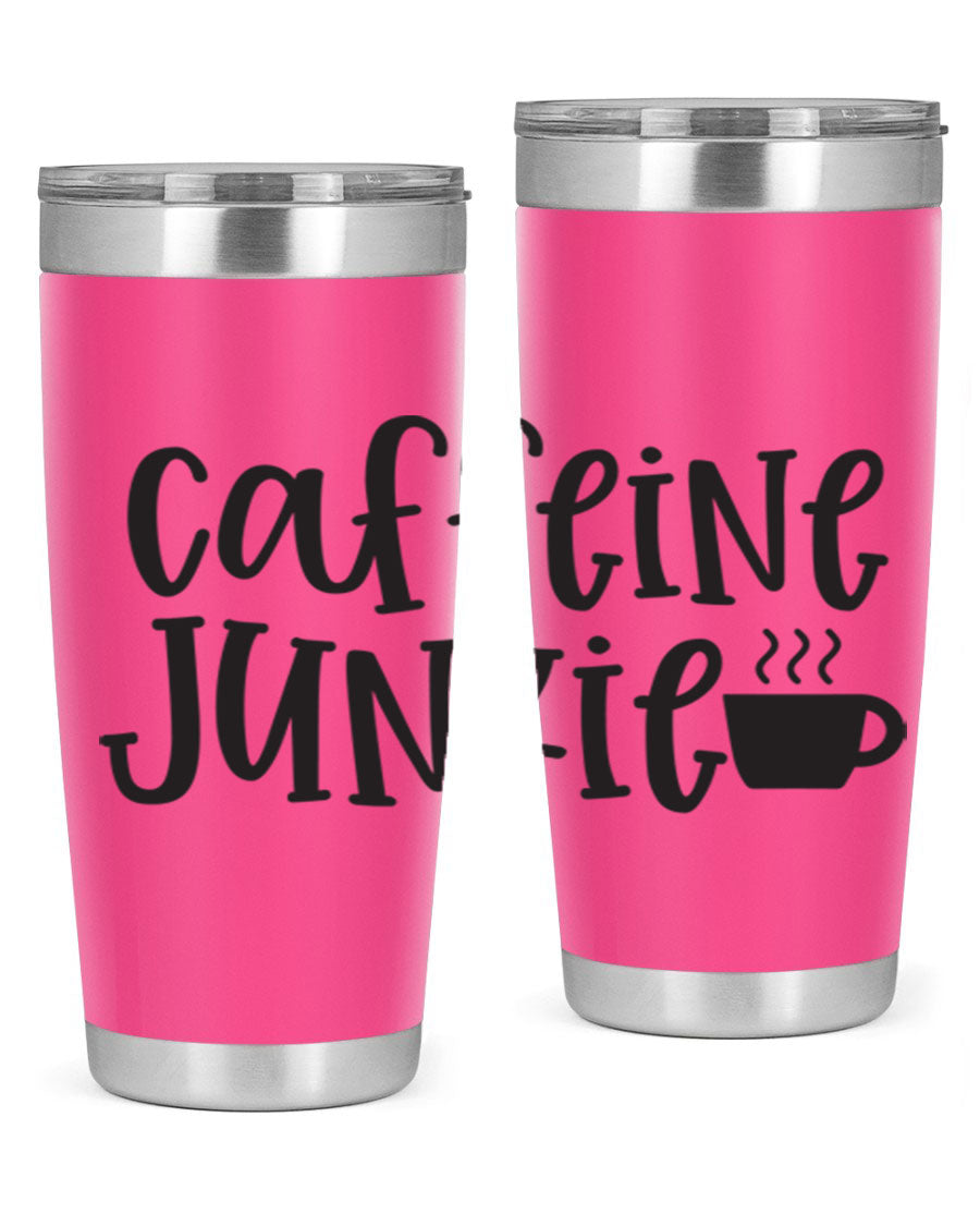Caffeine Junkie 412# 20oz Tumbler in stainless steel with a drink-thru lid, showcasing its sleek design and vibrant print.