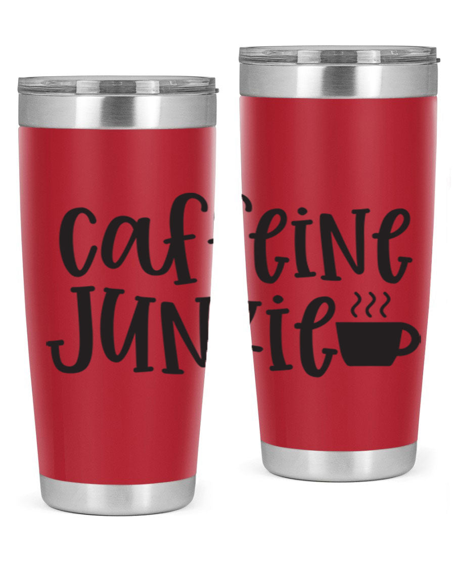 Caffeine Junkie 412# 20oz Tumbler in stainless steel with a drink-thru lid, showcasing its sleek design and vibrant print.