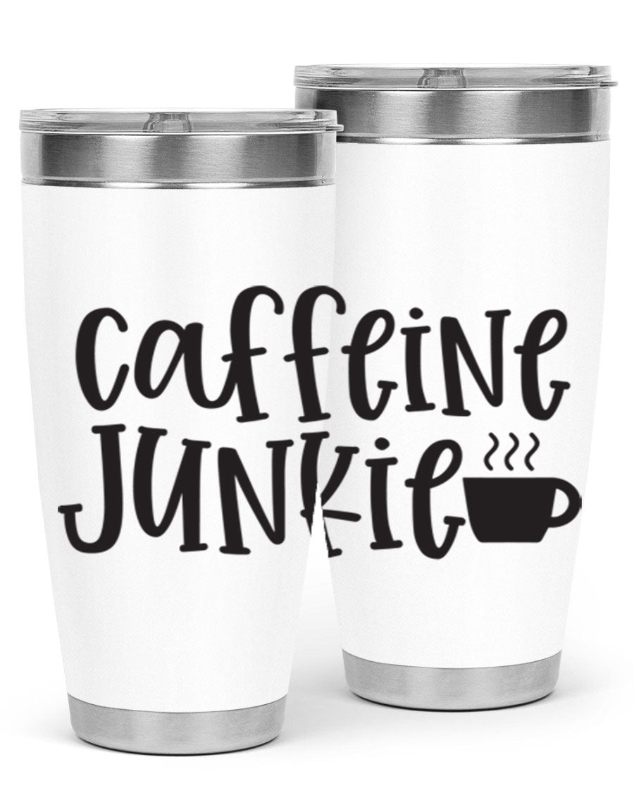 Caffeine Junkie 412# 20oz Tumbler in stainless steel with a drink-thru lid, showcasing its sleek design and vibrant print.