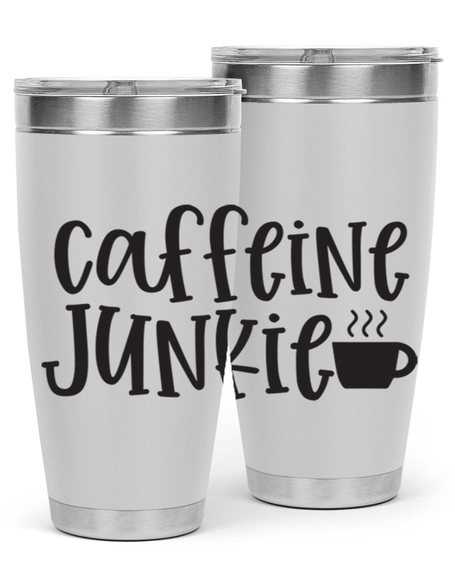 Caffeine Junkie 412# 20oz Tumbler in stainless steel with a drink-thru lid, showcasing its sleek design and vibrant print.