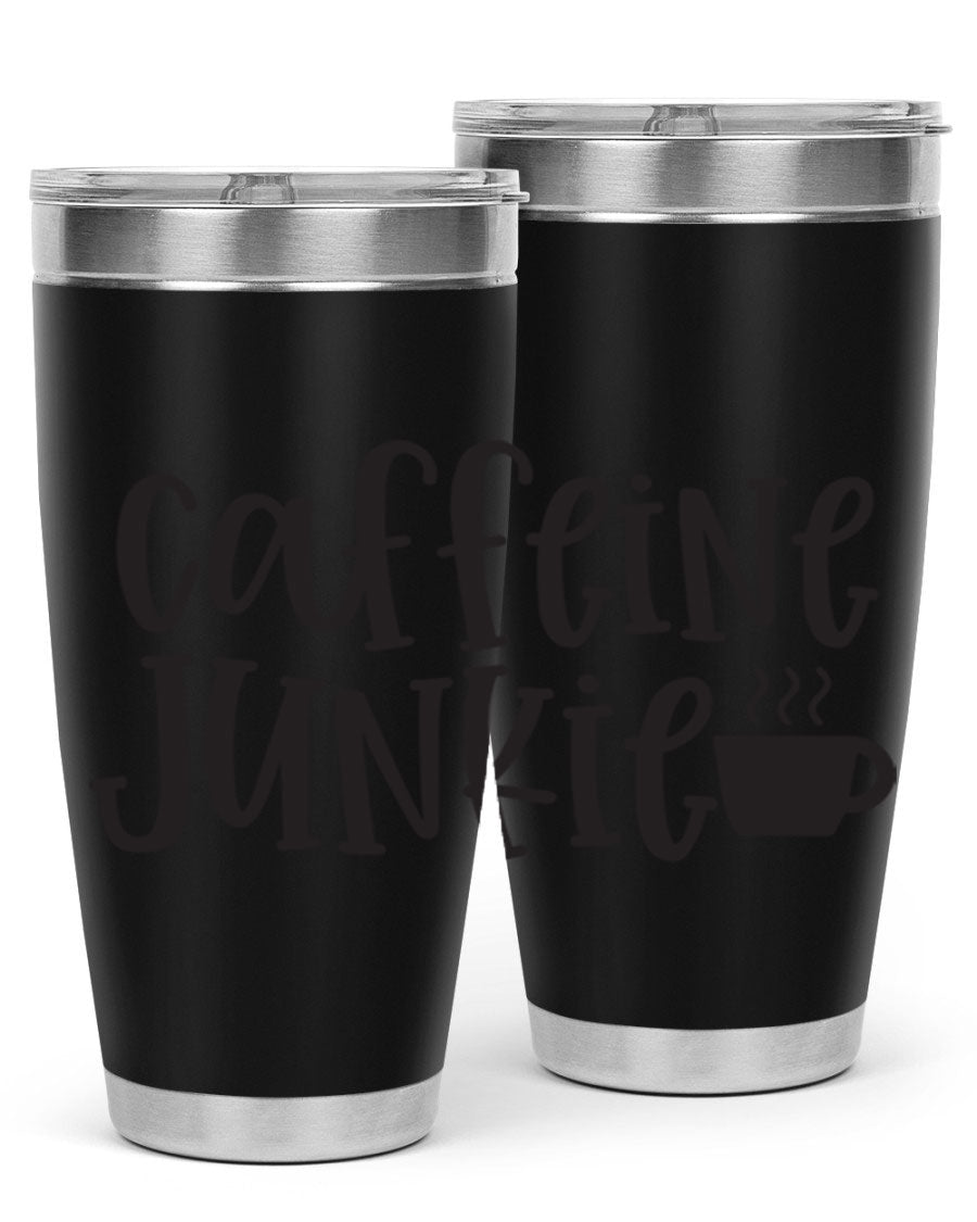 Caffeine Junkie 412# 20oz Tumbler in stainless steel with a drink-thru lid, showcasing its sleek design and vibrant print.