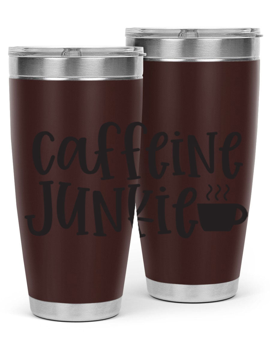 Caffeine Junkie 412# 20oz Tumbler in stainless steel with a drink-thru lid, showcasing its sleek design and vibrant print.