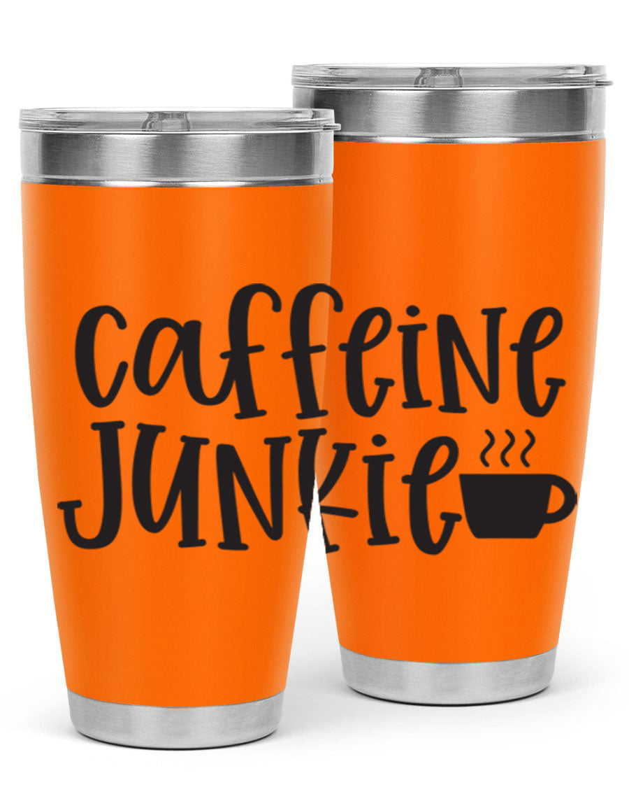 Caffeine Junkie 412# 20oz Tumbler in stainless steel with a drink-thru lid, showcasing its sleek design and vibrant print.