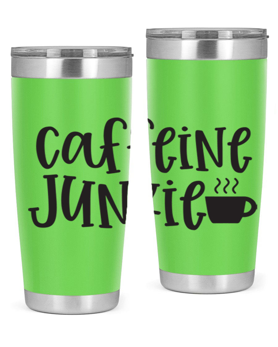 Caffeine Junkie 412# 20oz Tumbler in stainless steel with a drink-thru lid, showcasing its sleek design and vibrant print.