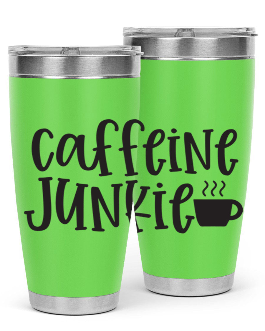 Caffeine Junkie 412# 20oz Tumbler in stainless steel with a drink-thru lid, showcasing its sleek design and vibrant print.