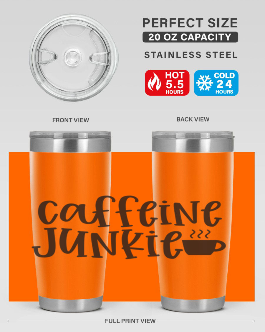 Caffeine Junkie 412# 20oz Tumbler in stainless steel with a drink-thru lid, showcasing its sleek design and vibrant print.