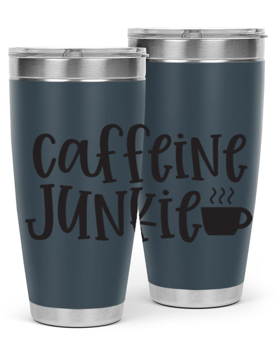 Caffeine Junkie 412# 20oz Tumbler in stainless steel with a drink-thru lid, showcasing its sleek design and vibrant print.