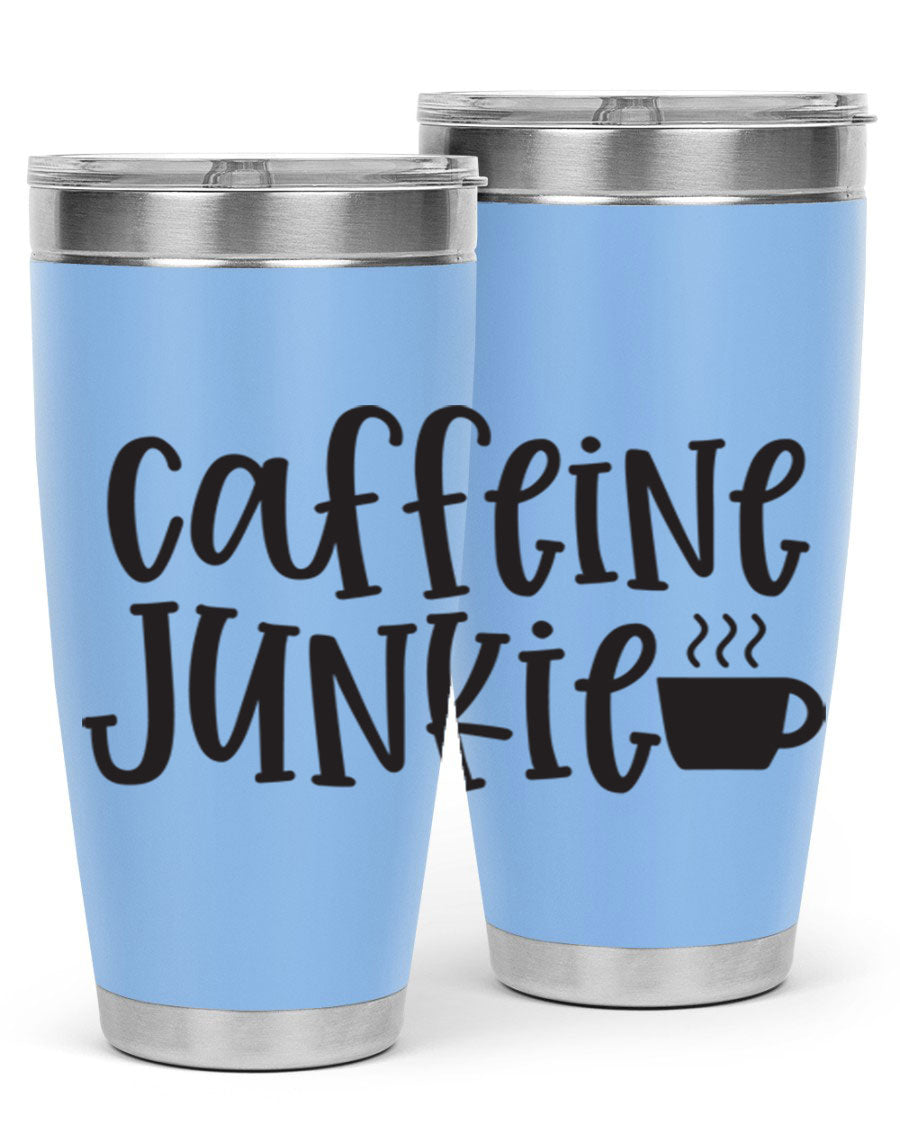 Caffeine Junkie 412# 20oz Tumbler in stainless steel with a drink-thru lid, showcasing its sleek design and vibrant print.