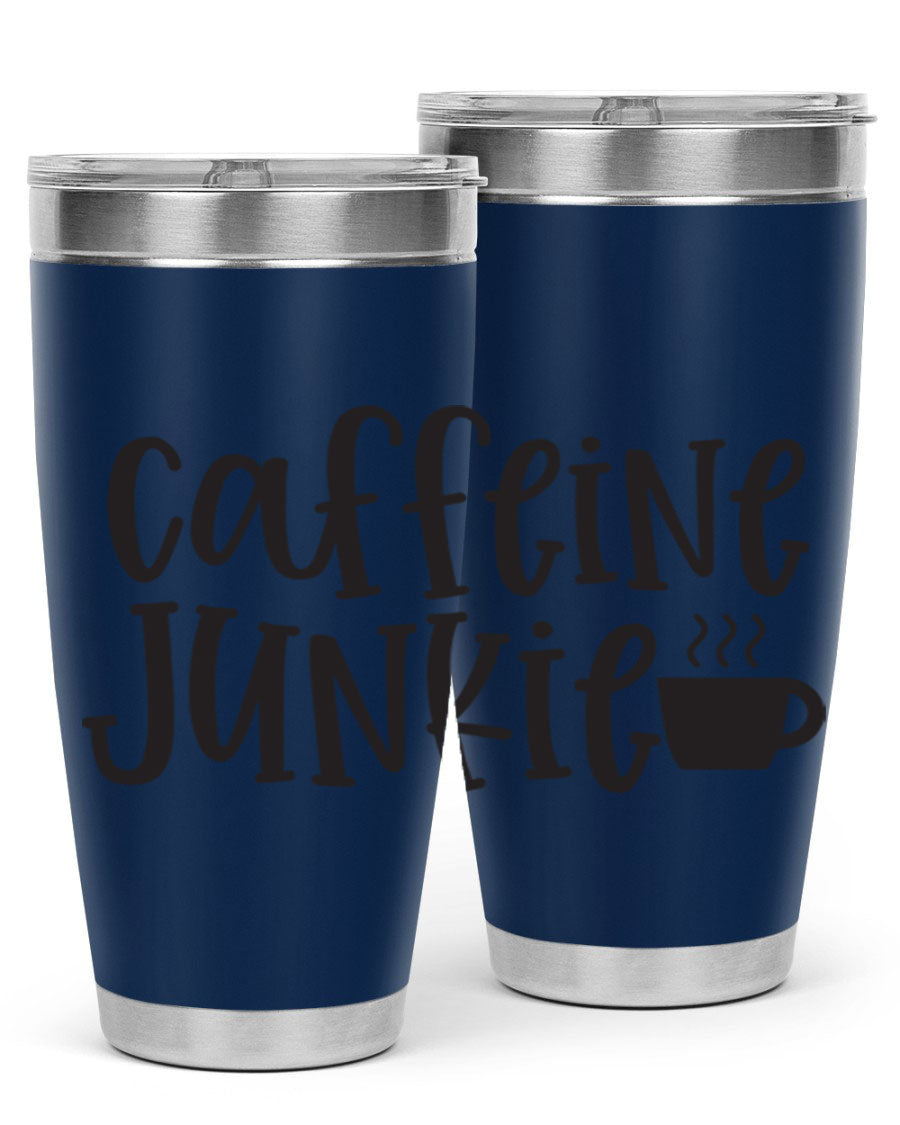 Caffeine Junkie 412# 20oz Tumbler in stainless steel with a drink-thru lid, showcasing its sleek design and vibrant print.