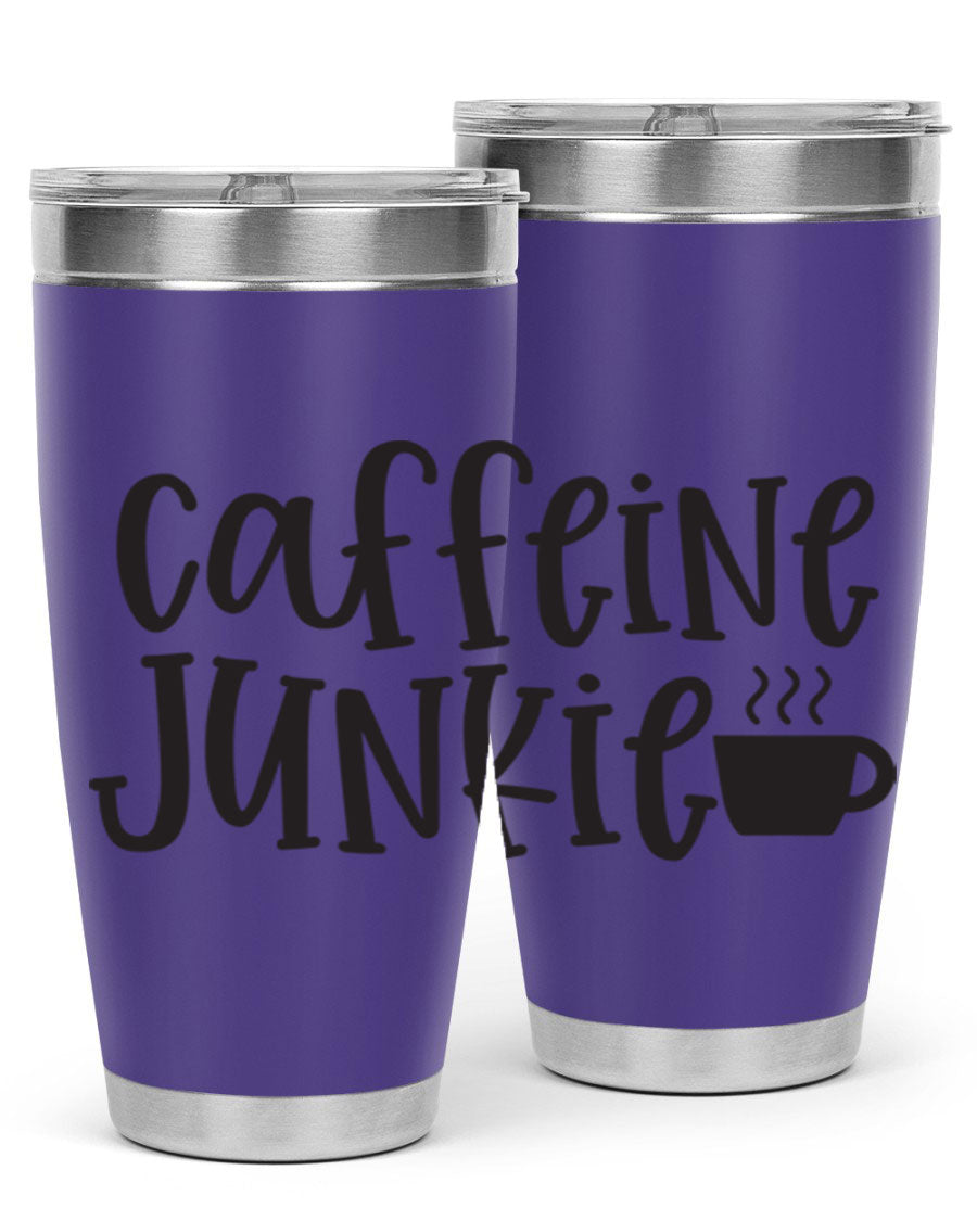 Caffeine Junkie 412# 20oz Tumbler in stainless steel with a drink-thru lid, showcasing its sleek design and vibrant print.