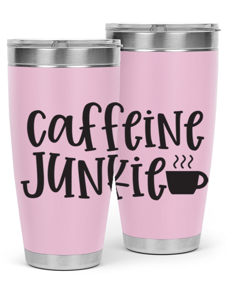 Caffeine Junkie 412# 20oz Tumbler in stainless steel with a drink-thru lid, showcasing its sleek design and vibrant print.