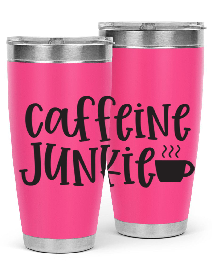 Caffeine Junkie 412# 20oz Tumbler in stainless steel with a drink-thru lid, showcasing its sleek design and vibrant print.
